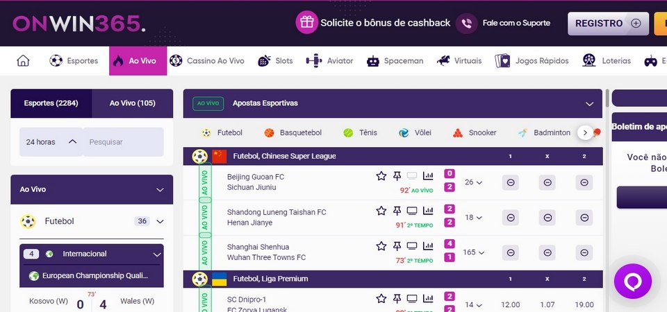 Captura de tela da página de esportes ao vivo da Onwin